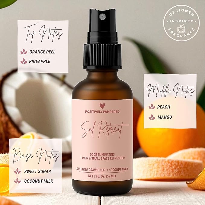 Sol Retreat Luxury Small Space Air & Linen Freshener Spray - Sugared Mango + Coconut Milk - Artisan Blended Home Fragrance - Non Toxic Odor Eliminator - 2 oz Travel Size Room Spray