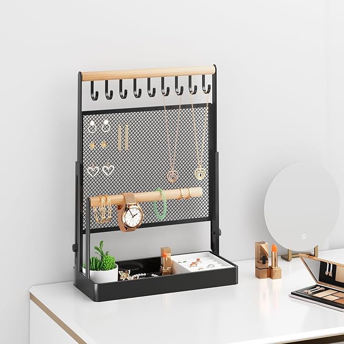 IOAIANIA Jewelry Organizer Stand with Velvet Ring Holder, Liftable Necklace Holder with Earring Organizer Net, 9 Hooks Necklaces Storage Wooden Handing Bar for Bracelets Watches Rings (Black)
