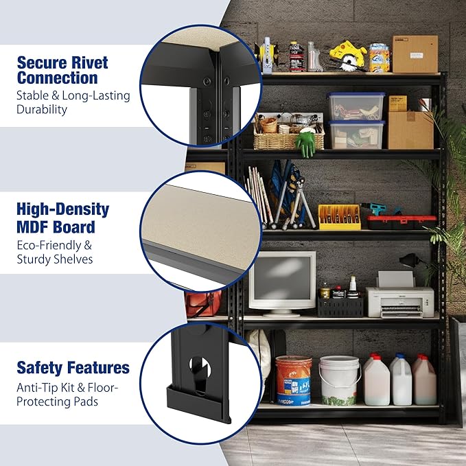WORKPRO 2180LBS Garage Shelving Unit, Heavy Duty 5-Tier Adjustable Storage Shelf, Shelving Units and Storage for Kitchen, Basement or Pantry, 27.6”Wx11.8”Dx60”H, Black