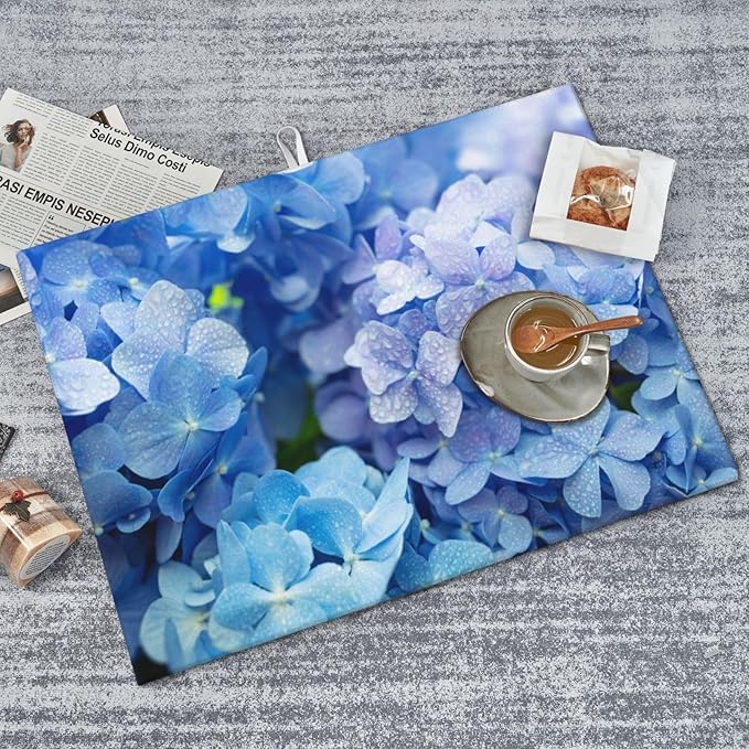 Absorbent Dish Drying Mat, Blue Purple Hydrangea Flowers Microfiber Pad Reversible Dish Drainer Mats Plate Hold for Kitchen Counter, Coffee Bar Decor, Heat Resistant, 18" x 24"