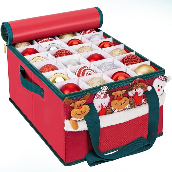 Christmas Ornament Storage Box Holiday Ornaments Storage Container Bin Zippered Top Ball Storage with Adjustable Dividers Holds 72 Ornaments (3 Inch) Red