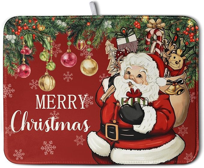 Kwlegh Merry Christmas Dish Drying Mat Santa Claus Kitchen Drainer Mats Microfiber Absorbent Winter Xmas Holiday Dishes Pad Reusable Dish Rack Mat for Countertop Tableware Decor 18x24 Inch