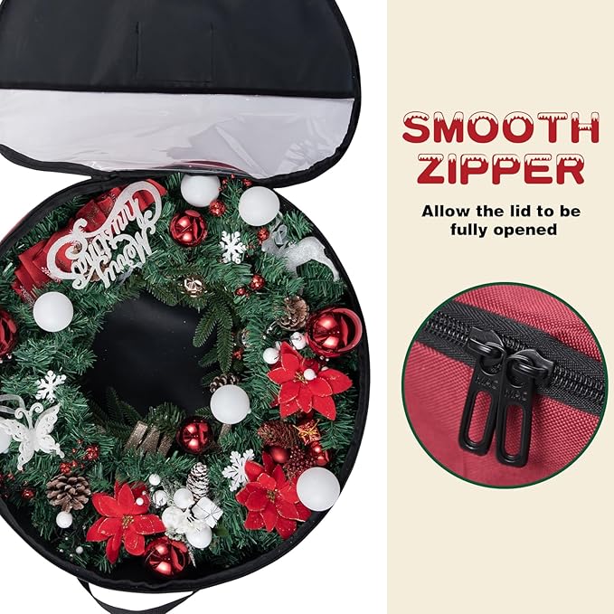 Christmas Wreath Storage Bag 30 inch Christmas Decoration Container with Transparent Window Garland Storage Bag with Three Handles Double Zipper (red) (30")