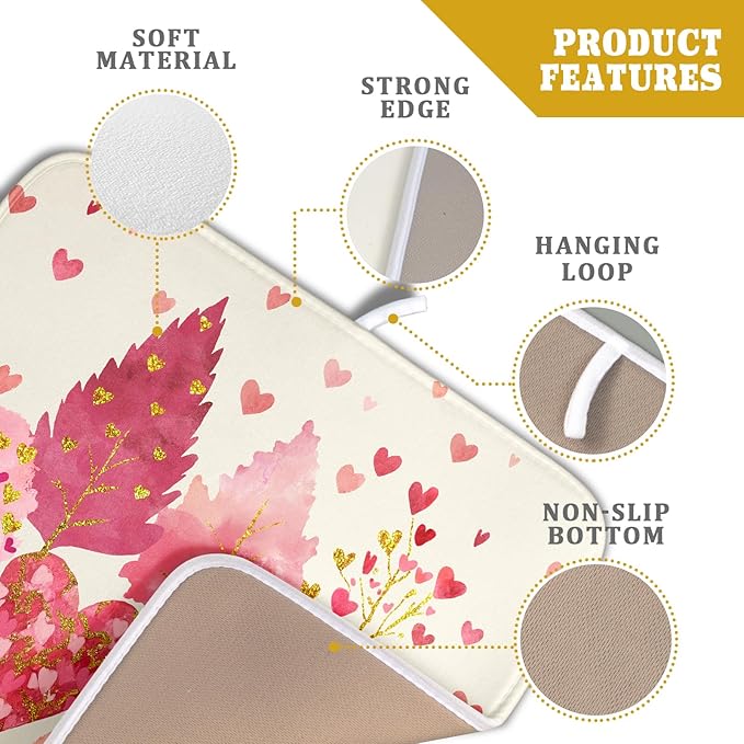 Valentines Day Pink Tree Dish Drying Mat for Kitchen Counter 18x16 Inch Heart Drying Mat with Absorbent Reversible Microfiber Love Dish Drainer Mats Rack Pad for Coffee Countertop Protector