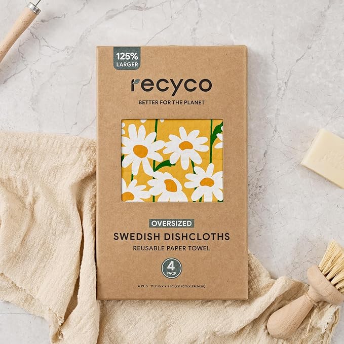 RECYCO Swedish Dishcloths for Kitchen | 4 Pack Oversized Washable Dish Rags | Large Cellulose Reusable Cleaning Paper Towels | Absorbent Counter Dish Cloth Sponge XL Kitchen Wipes, 12" L x 10" W