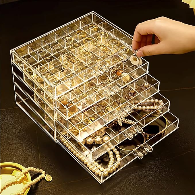 Clear Jewelry Box, Jewelry Organizer with 5 Drawers, 5-Layer Acrylic Storage Box for Women, Earring Display Holder for Earrings Ring Bracelet Necklace 79 Grid Compartment Earring Organizer