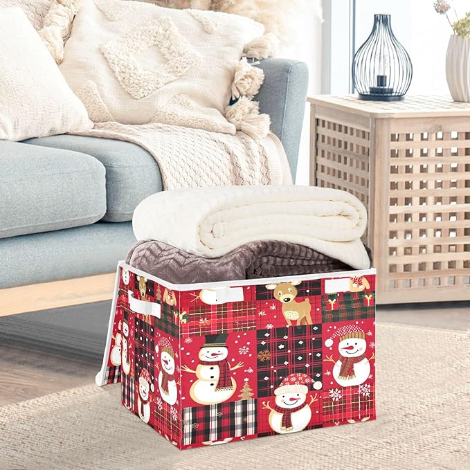 senya Christmas Baskets Collapsible Storage Bins with Lids, Red Christmas Plaid Snowman Storage Boxes Clothes Baskets for Organizing