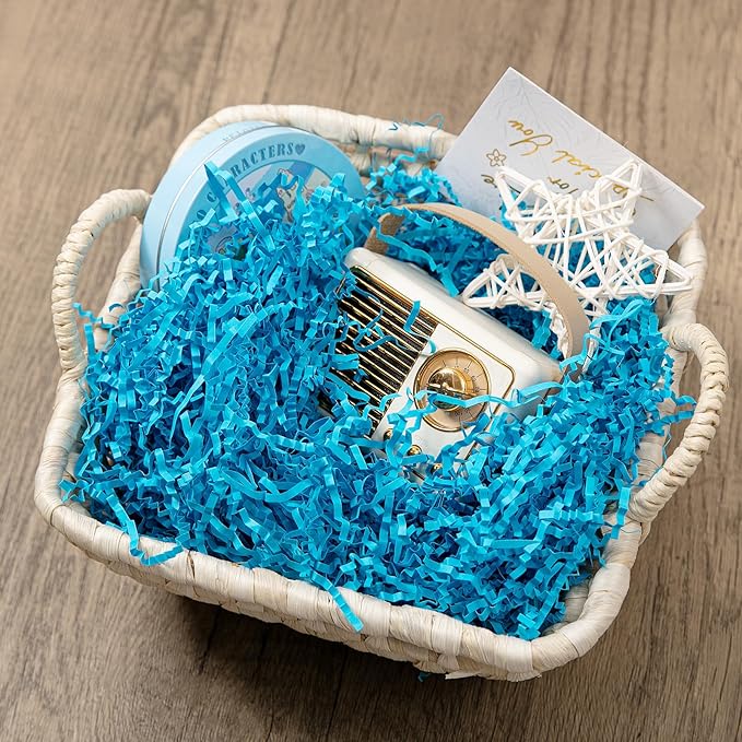 Mefleet 1 LB Crinkle Cut Paper Shred Filler Blue Crinkle Shredded Paper for Gift Box - Gift Basket Bag Filler - Grass Cushion Stuffing for Christmas Holiday Packaging Wrapping