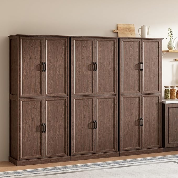 71'' Tall Pantry Cabinet Set of 3, Farmhouse Kitchen Pantry Storage Cabinet with Barn Door and Adjustable Shelves, Rustic Wood Freestanding Cupboard for Kitchen, Dining Room, Brown