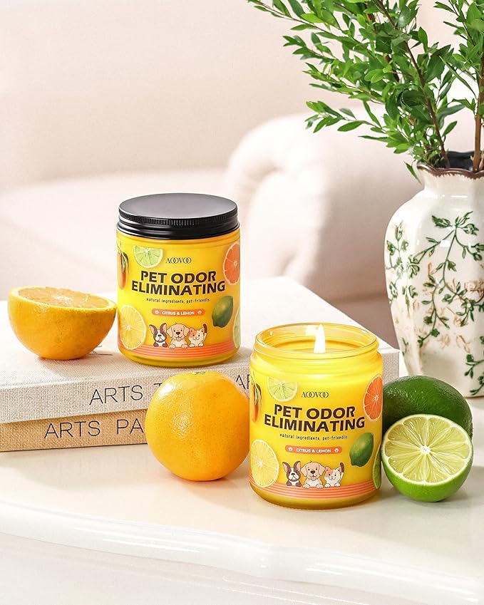 AOOVOO 2 Pack Citrus Lemon Pet Odor Eliminating Highly Fragranced Candle - Eliminates 95% of Pet, Smoke, Food, and Other Smells Quickly, Air Freshing Soy Candle