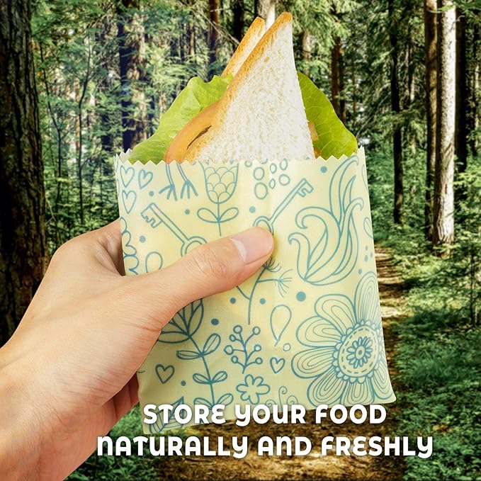Akeeko Reusable Beeswax Food Wraps - Assorted 9 Packs, Reusable, Plastic-Free Food Storage, 5 Small, 3 Medium, 1 Large Wraps with Plants Pattern