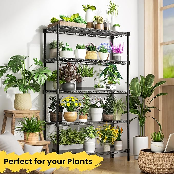 RackBro 45" W Storage Shelves 5 Tier Wire Shelving, Adjustable Metal Shelving Unit with Shelf Liners, 1875LBS Heavy Duty Storage Rack for Garage Pantry Kitchen Commercial, 45" W x 16" D x 72" H, Black