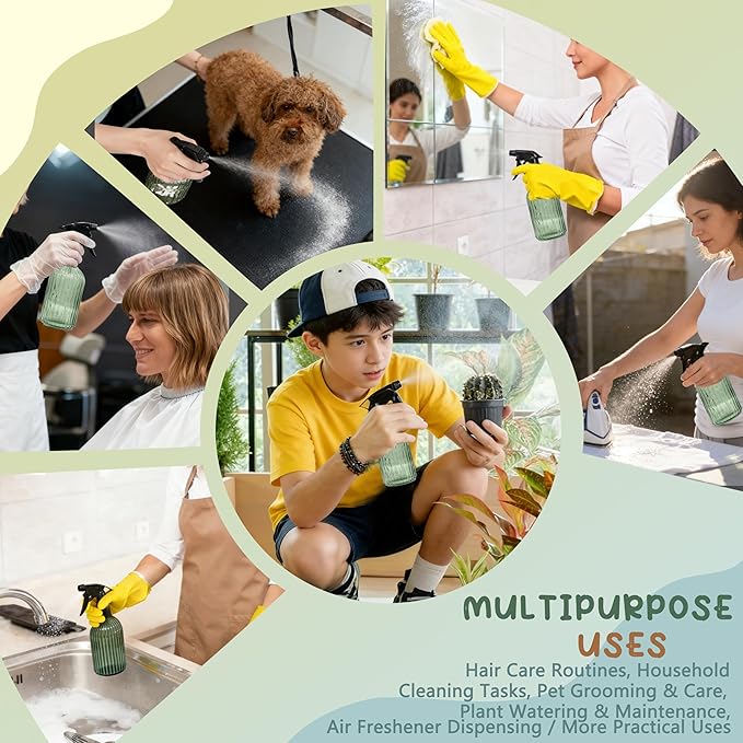 Green Glass Spray Bottle, Refillable Indoor Plant Mister,13.5oz Water Spray Bottle with Adjustable Nozzle,Plant Mister Spray Bottles for Indoor Plants, Cleaning, Hair Care, Pets Care(2pcs)