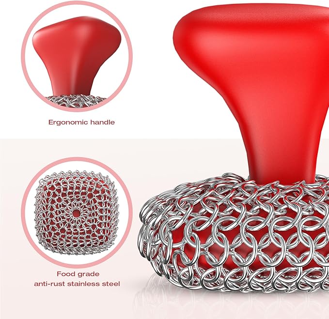 Purgreat Cast Iron Scrubber | Dish Scrub Brush | 316 Cast Iron Cleaner Chainmail Scrubber for Pan Skillet Cleaner - Dish Scouring Pad Dishwasher Safe Cleaning Kit, Red
