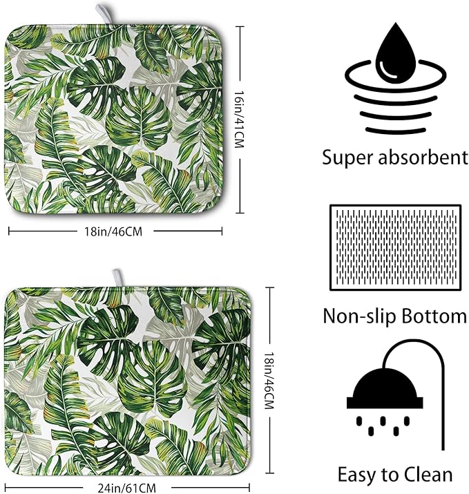 Kwlegh Tropical Palm Leaves Dish Drying Mat for Dishes 16x18 Inch Spring Green Monstera Leaf Drying Mat Watercolor Herbs Dish Drainer Mat Super Absorbent Dish Rack Pad for Coffee Bar Sinks