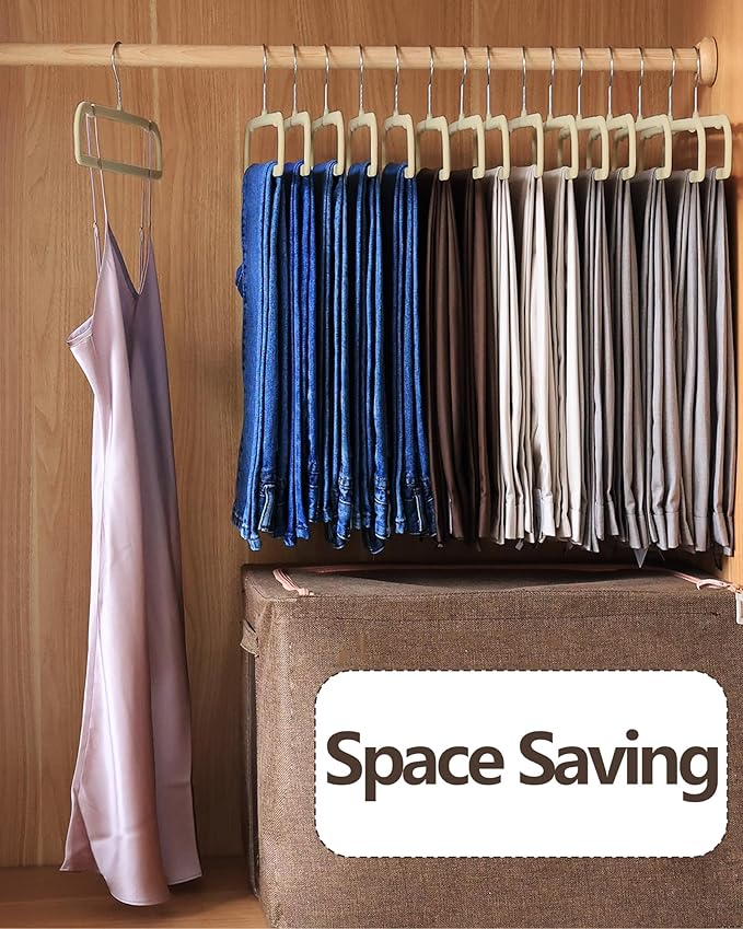 Velvet Hangers Non Slip - 20 Pack Pants Hangers for Closet - Thin Space Saving Clothes Hanger - Strong, Durable, Jean Perchas with 360 Degree Rotatable Hook for Tank Top (Beige Silver Hook)