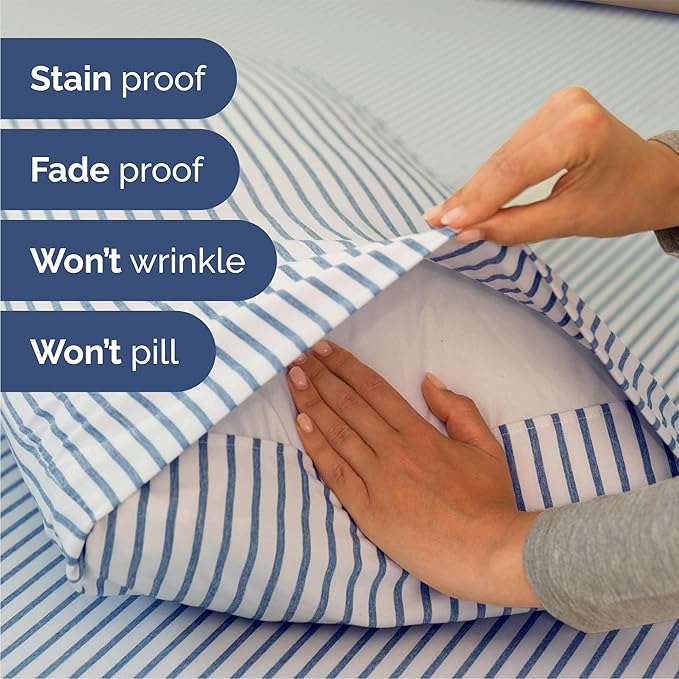 Queen 6 Piece Sheet Set - Comfy Breathable & Cooling - Soft Hotel Luxury Bedding Set with 8-16 Inch Deep Pockets - 1 Flat & 1 Fitted Sheet & 4 Pillowcases - Wrinkle Free & Easy Care - Blue Stripes 2