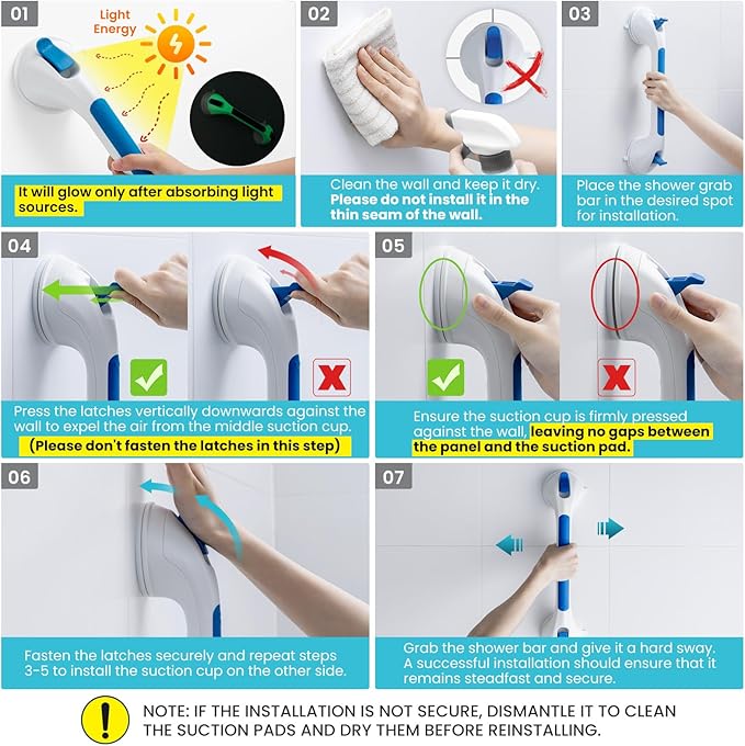 TAILI Shower Grab Bar Glow in The Dark, 2 Pack 16.8 in Grab Bars for Bathtubs and Showers,Shower Handles Shower Rails for Seniors and Elderly,Bathroom Safety Grip Removable No Drilling Waterproof Blue