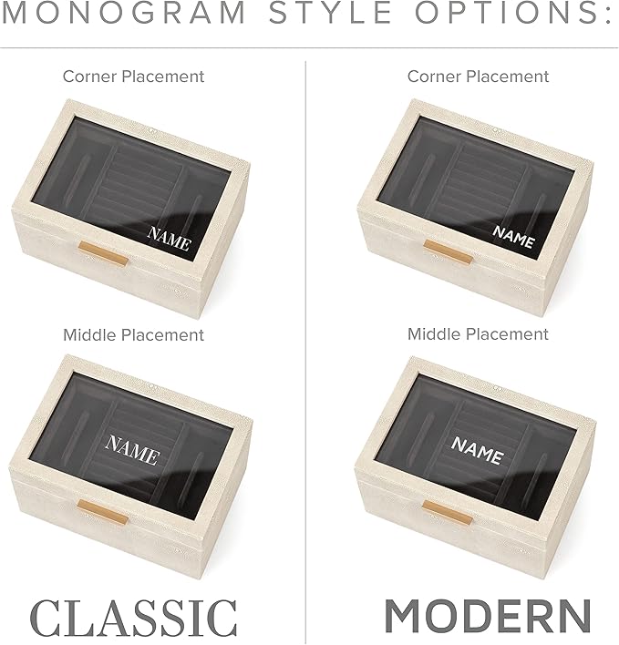 CASE ELEGANCE Monogrammed Petite 3 Tier Jewelry Box, Storage & Display Case for Bracelets Earrings Rings Necklaces, Accessory Organizer for Women, Shagreen Vegan Leather & Velvet Lined, Brass Hardware