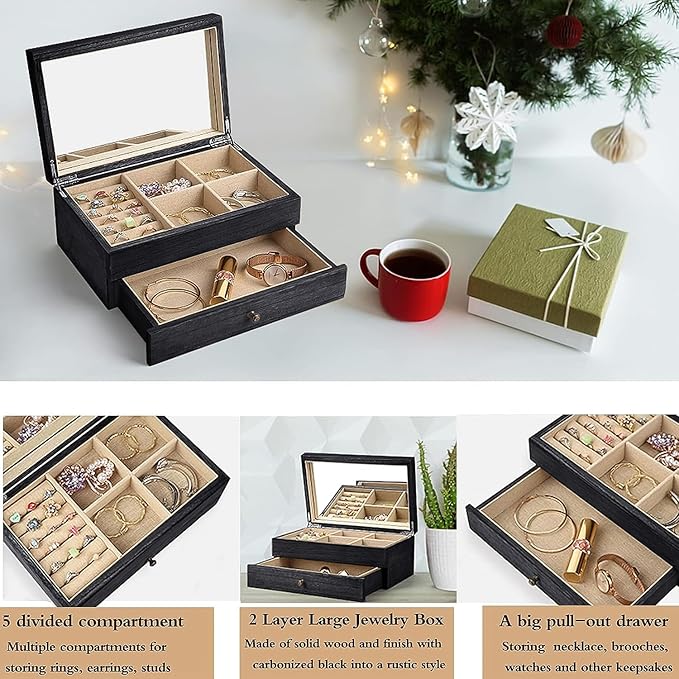Meangood Jewelry Box Organizer for Women, 2 Layer Large Jewelry Storage Case, Rustic Wooden Jewelry Box with Mirror & Ring Tray for Necklace Earring Bracelets Rings, Vintage Style (Black)