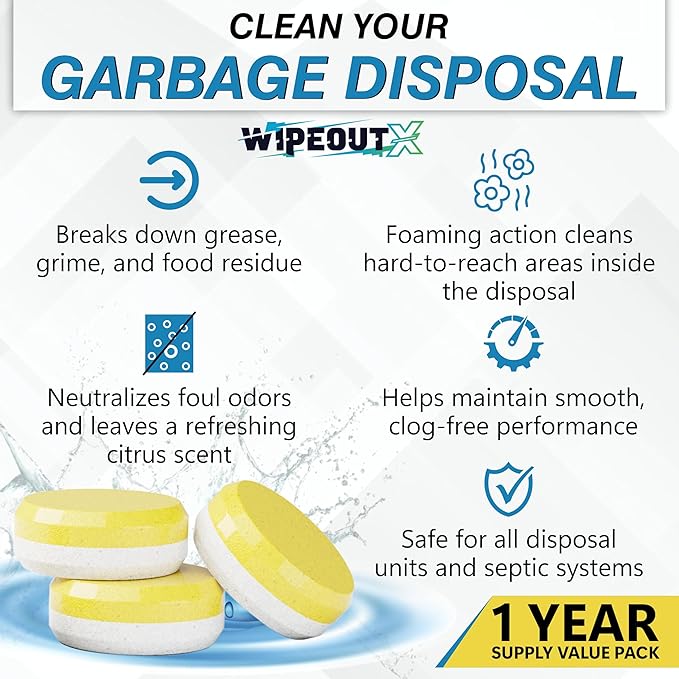 Garbage Disposal Cleaner Tablets - 24 Pack (1-Year Supply) Powerful Foaming Lemon Scented Kitchen Sink Freshener Drain & Pods Odor Eliminator and Deodorizer Septic Safe