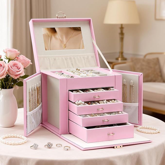 EnHomee Jewelry Box for Women, 5-Layer Large Jewelry Organizer with Mirror & 4 Drawers for Rings, Earrings, Necklaces, Bracelet Lockable Case with Lock (Pink + Gold)
