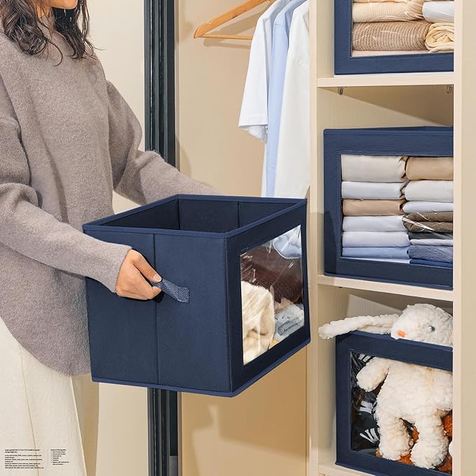 Stackable Storage Bins with Lids - Large Storage Box with Lids, Foldable Closet Boxes for Organizing, Wardrobe Clothes Organizer with Window, Cubes Bins for Living Room, 6 Pack, Navy Blue