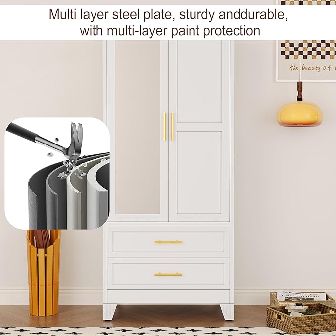 Metal Armoire Wardrobe Closet, 71 "Metal Clothing Storage Cabinet with Mirror and Adjustable Shelves, Household Steel Wardrobe Storage Cabinet with 2 Drawers and Hanging Rod(Armoire-White)