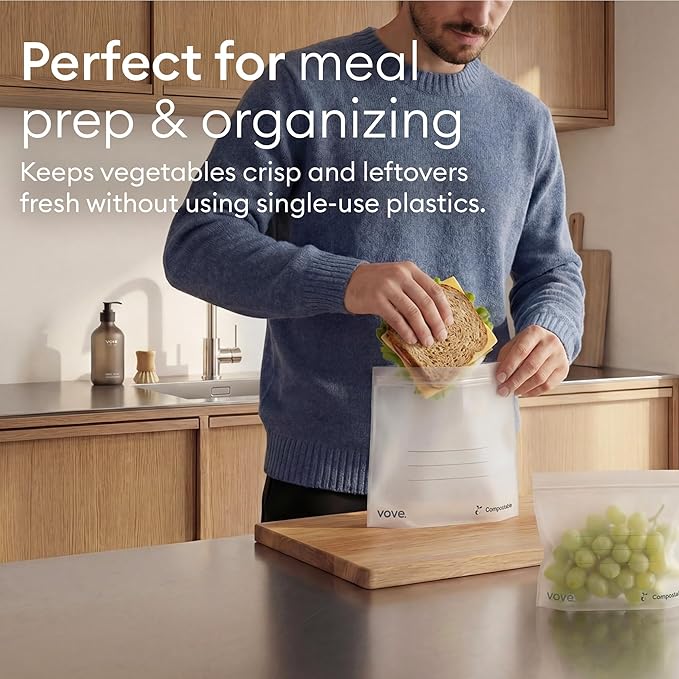 Vove Compostable Storage Bags 140 Ct Multi-Size (S/M/L/XL) – PFAS-Free, BPI Certified, Freezer Safe with Airtight Seal for Food & Meal Prep, Plant-Based