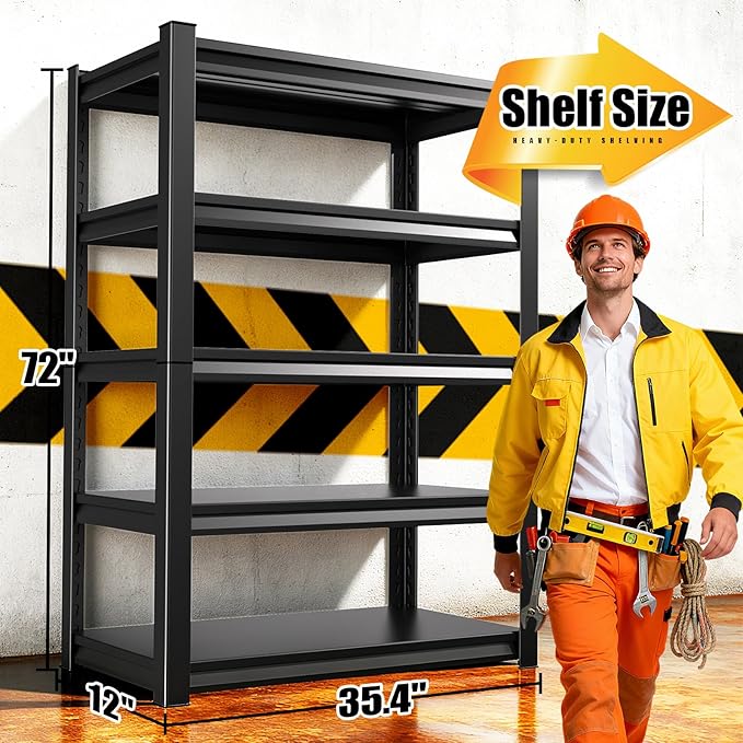 5-Tier 72”H Garage Shelving, Adjustable Garage Shelves, 2500 Lbs Storage Shelves Heavy Duty, Garage Shelf for Tool Organization, Storage Shelves for Basement, Warehouse, Black (72''H×35.4''W×12''D)