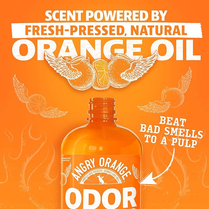 Angry Orange Pet Odor Eliminator Concentrate – 8oz Citrus Powered Concentrate for Strong Dog & Cat Urine Smells, Safe for Most Fabrics, Great for Carpets, Upholstery - Makes 128oz of Liquid