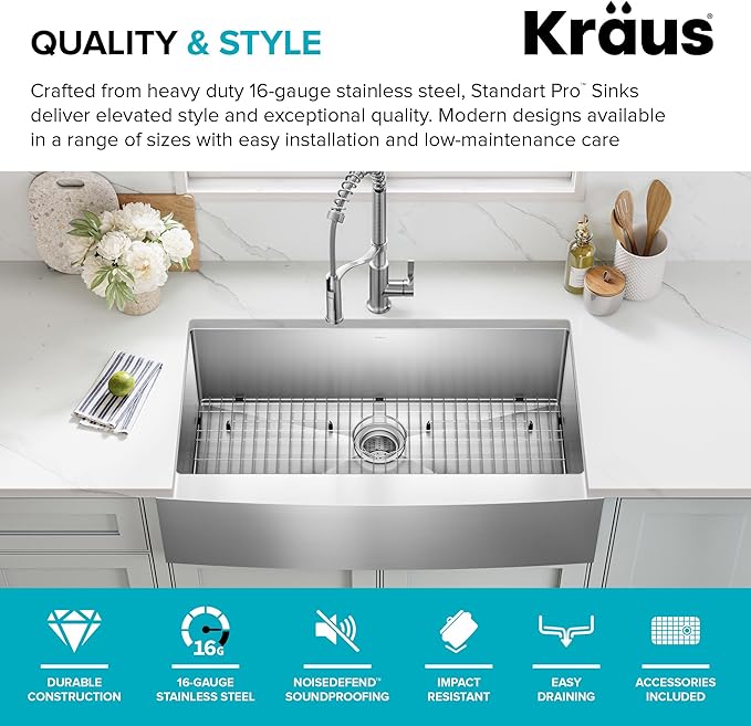 Kraus KHF200-36 Standart PRO Kitchen Stainless Steel Sink, 36 Inch Round Apron Single Bowl