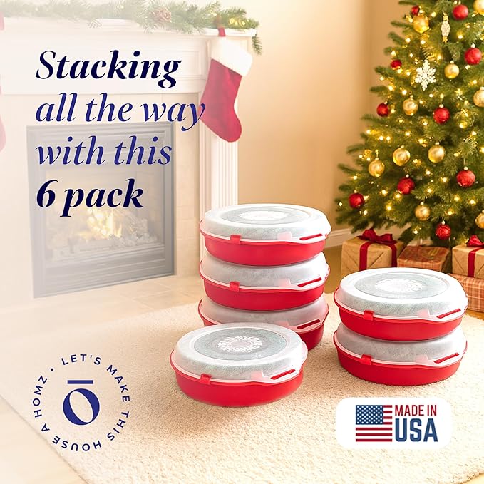 HOMZ 6-Pack Seasonal Holiday, Decorative Wreath Storage Organizer, 24 Inch, Red & Clear - Stackable Plastic Containers for Christmas Ornament Decorations