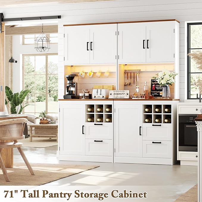 Unikito 72" Tall Pantry Cabinet, Kitchen Pantry Storage Cabinet with LED Light & Outlet, Kitchen Hutch Bar Cabinet with Microwave Stand, Wine Rack, Drawers and Shelves, Cupboard for Dining Room, White