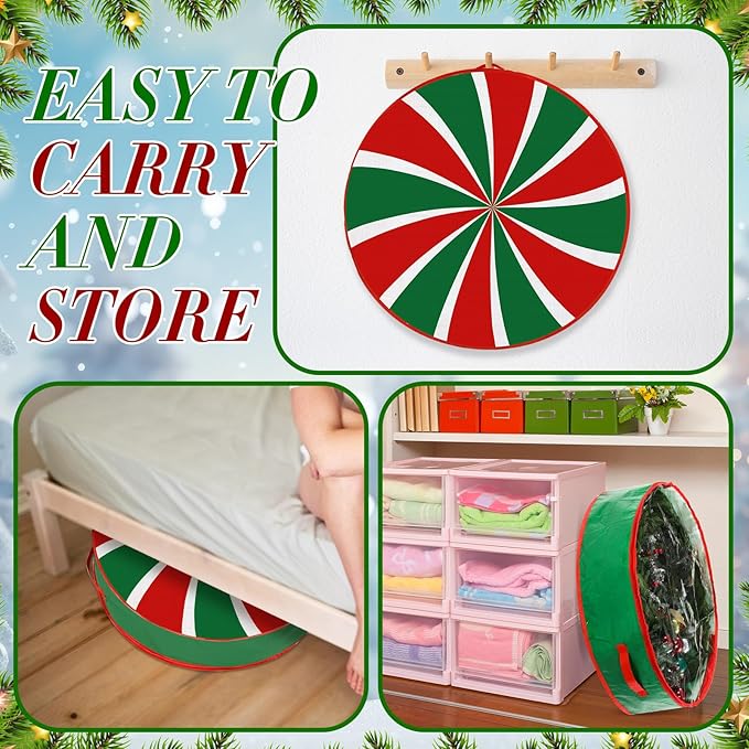 4 Pack 24 Inch Wreath Storage Containers, Hard Shell Christmas Garland Storage Bags with Handle Dual Zipper, Red Green Round Storages Box for Xmas Valentine Winter Wreath
