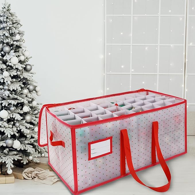 Christmas Ornament Storage Box -Up to 128 Holiday Ornaments with Adjustable Dividers Capacity Storage Container for Christmas Decorations Toys Gift Wrap Organizer（PVC）