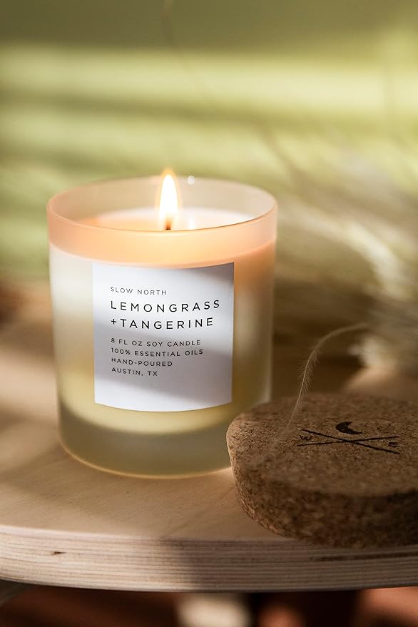 Slow North Lemongrass + Tangerine Candle - Essential Oils and Pure Soy Wax Candle in a Reusable Frosted Glass Jar - A Unique Scented Candle Hand-Poured in The USA (8 oz)