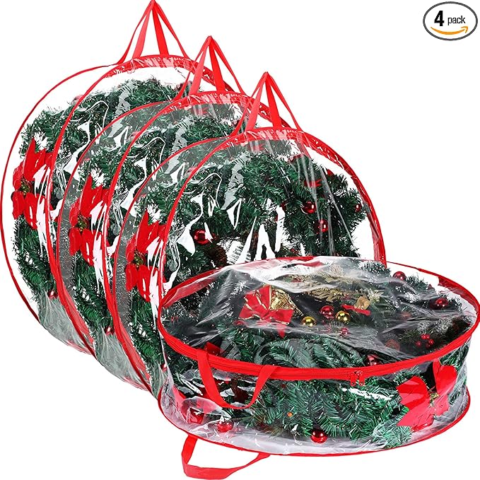 Shappy 4 Pieces Clear Christmas Wreath Storage Container 24 Inches Xmas Wreath Storage Bag Plastic Christmas Garland Container with Dual Zippers and Reinforced Handles for Xmas Seasonal (Red)