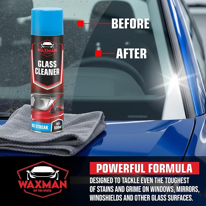 WAXMAN OF TRI STATE Car Windshield Cleaner Foam – Glass Cleaner Spray – 550ml Aerosol No-Streak Foam – Powerful Cleaner for Car, Window & Mirror – Crystal Clear Shine, Tackles Tough Grime