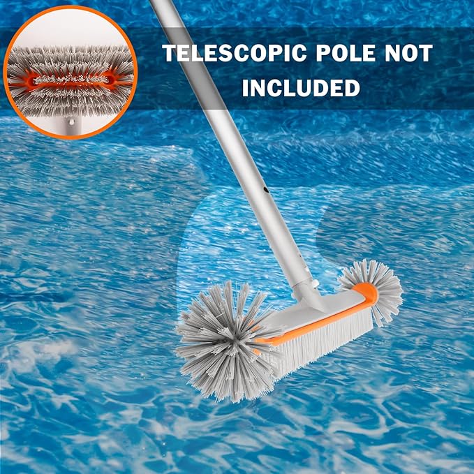 Poolvio Professional 17.5" Floor & Wall Pool Cleaning Brush with Tough Around Nylon Bristles, EZ Clip Aluminum Handle- Easily Sweep from Walls, Floors, Steps (Orange)