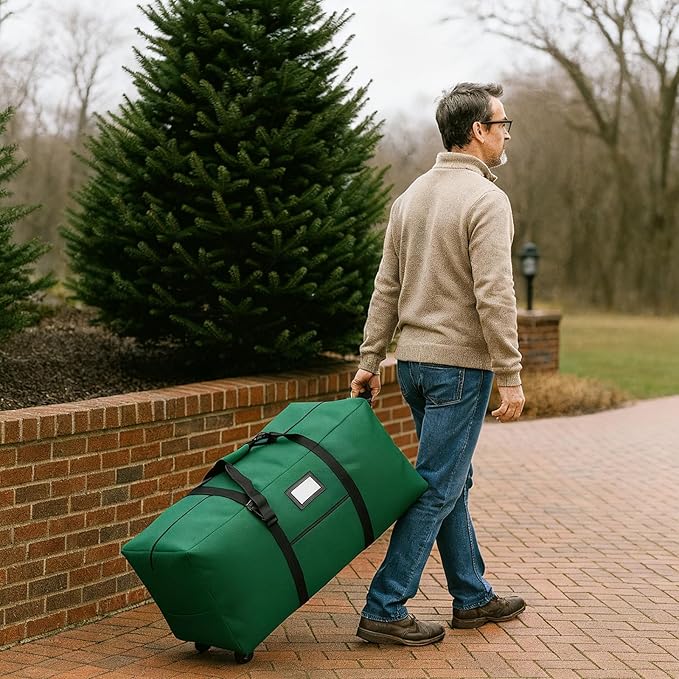 7.5 ft Christmas Tree Storage Bag, Heavy Duty Rolling Xmas Tree Bag with Reinforced Handles and Wheels, Large Storage Container for Trees and Decorations, Green