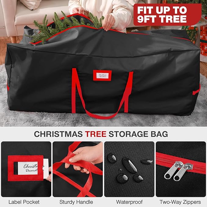 3 Pack Christmas Tree Storage Bag, for Artificial Trees up, Sturdy Waterproof With Reinforced Carrying Handles, Xmas Holiday Garland Bag Storage Case (Black, 9 Ft)