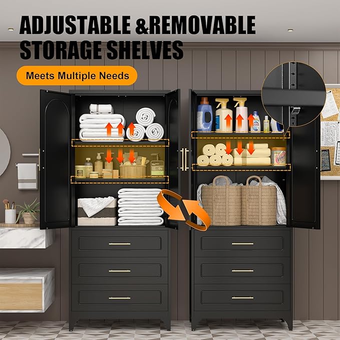 Kitchen Pantry Storage Cabinets with 3 Drawer, 75" Tall Metal Storage Cabinet with Doors and Shelves, Black Food Pantry, Steel Office Cabinet, Large Cupboard, for Kitchen, Dining, Living Room