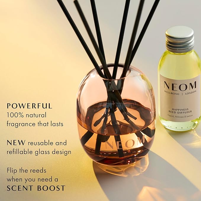 NEOM Happiness Reed Diffuser, 100ml | Neroli, Mimosa & Lemon I Lasts 12 Weeks I Pure Essential Oils I 100% Natural I Refillable & Reusable