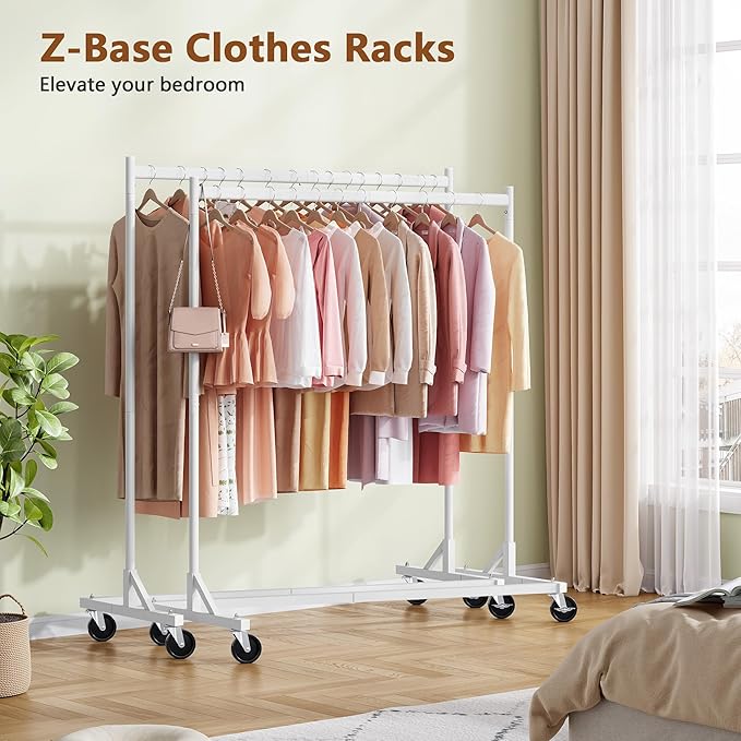 Hoctieon Z Rack Set of 2, Rolling Clothing Racks with Z-Base, Heavy Duty Garment Racks Set of 2, Clothes Rack on Wheels with Brakes, Clothes Organizer Rack Set of 2, White