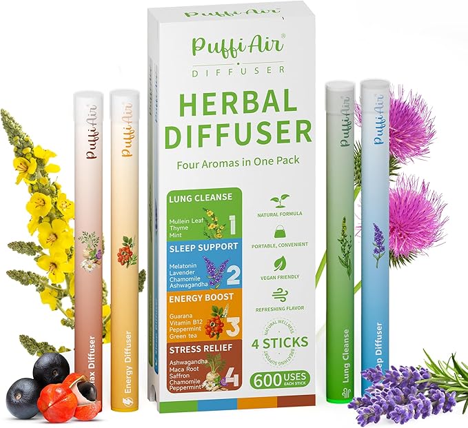 PUFFIAIR 4-Pack Herbal Diffuser Pen | Clean Botanical Aromatherapy Pens with 4 Variety Scents | Cool Mint & Herbal Fragrances | Smooth Daily Aromatherapy Experience | 600 Uses Per Pen