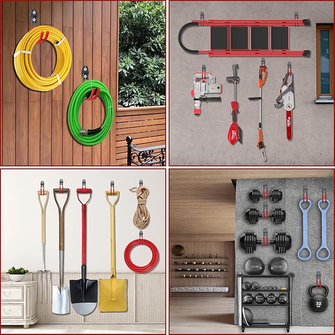 3-H Large Garden Hose Holder Wall Mount 4 Pack,Solid Steel Hose Hanger,Water Hose Holders for Outside,Perfect for Hanging Outdoor Air Hose,Ropes,Pipes,Garden Tools,Ladders,Bikes,Bulk Items(Red)