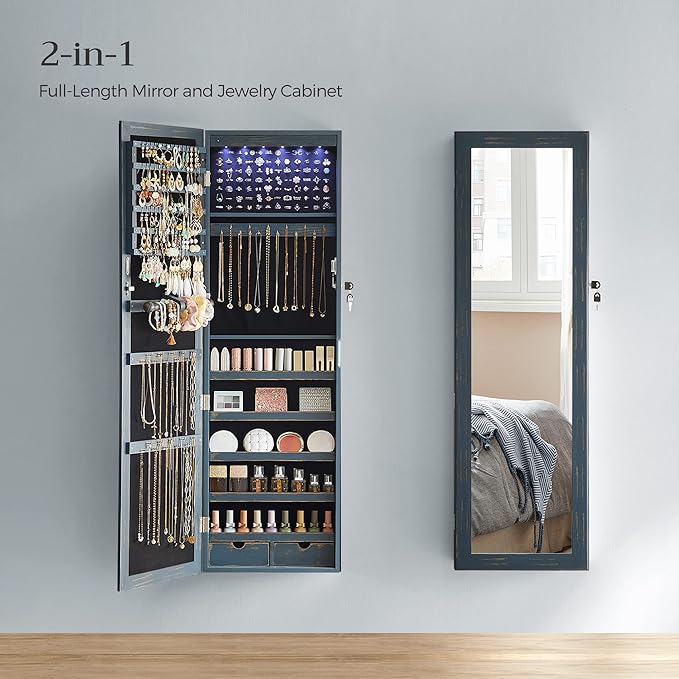 SONGMICS 6 LEDs Mirror Jewelry Cabinet, 47.2-Inch Tall Lockable Wall or Door Mounted Jewelry Armoire Organizer with Mirror, 2 Drawers, 3.9 x 14.6 x 47.2 Inches, Rustic Blue UJJC93IN