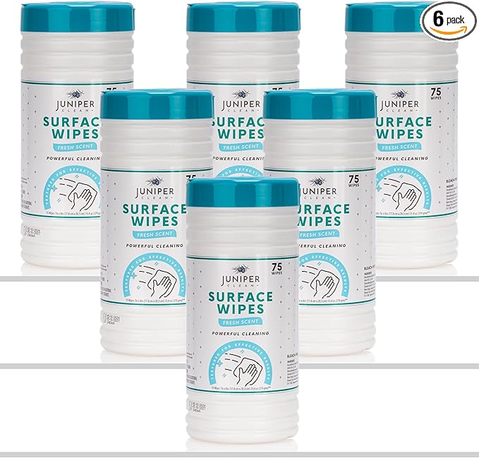 Juniper CLEAN 6 Pack Surface Cleaning Wipes Bleach Free, All-Purpose Cleaner for Bathroom, Kitchen, Office, 450 Count Canister, 7.5" x 7" Sheet, Fresh Scent, Lint Free & Durable