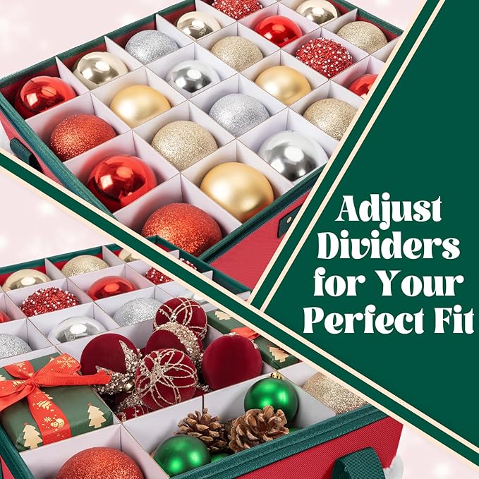 Christmas Ornament Storage Box Holiday Ornaments Storage Container Bin Zippered Top Ball Storage with Adjustable Dividers Holds 72 Ornaments (3 Inch) Red